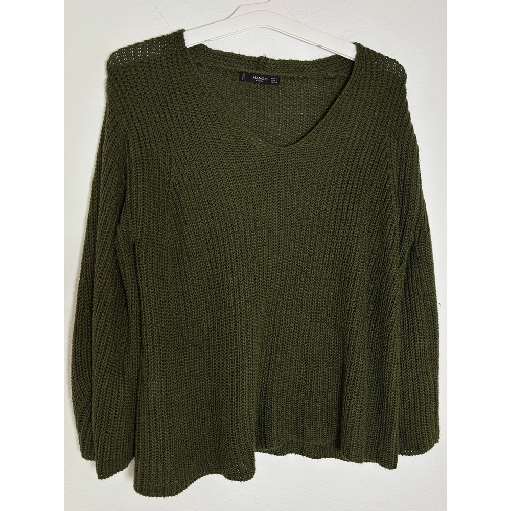 Mango Basics Olive Green V-Neck Knit Sweater Womens Small Relaxed Fit Pullover